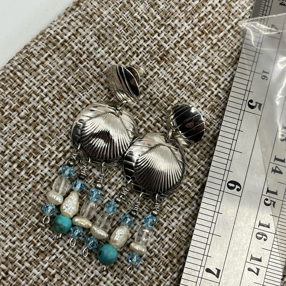 90's Handmade Sterling Silver Double Shell Earrings with Turquoise - Picture 14 of 16